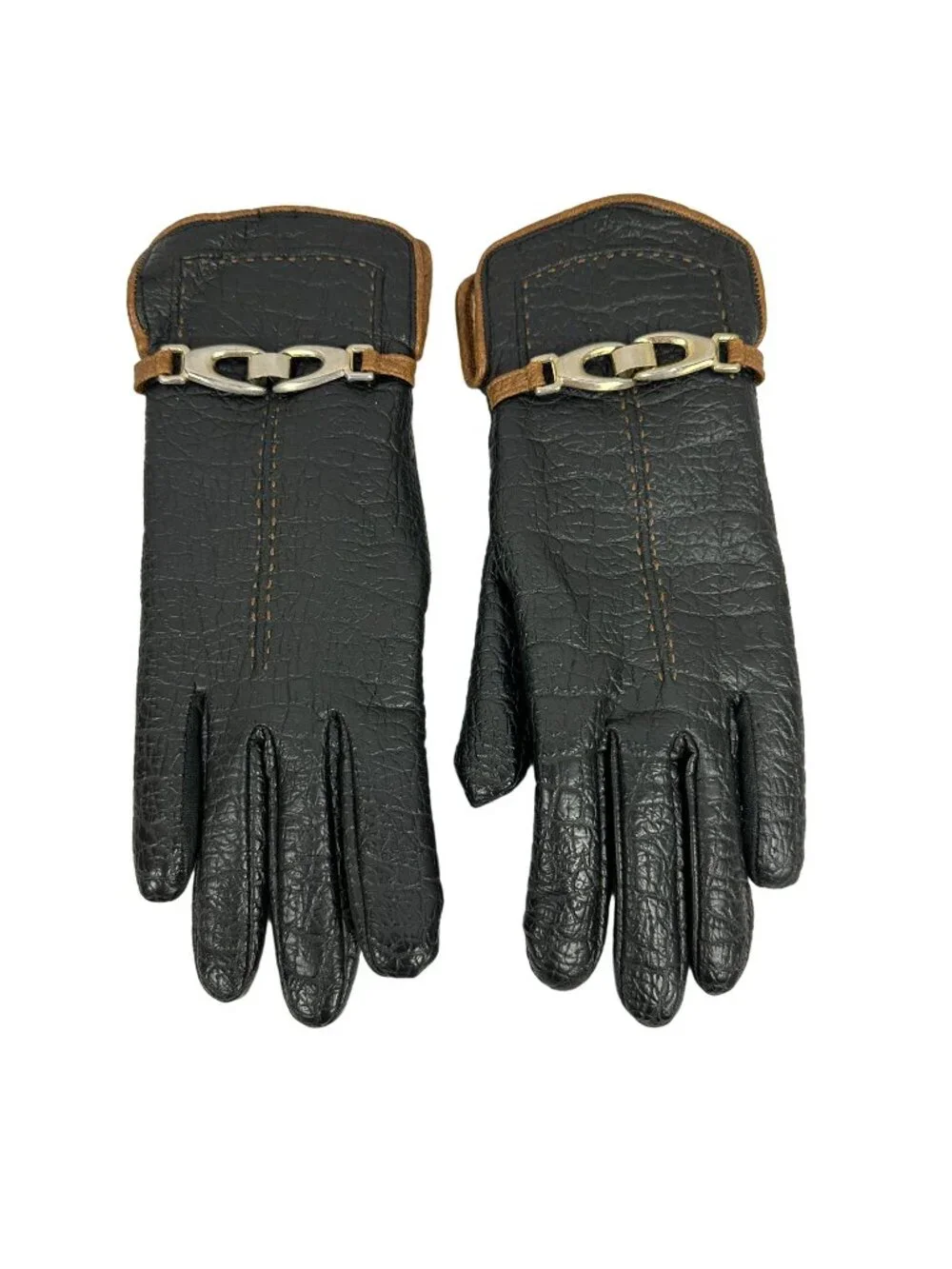 Aris Snuggler Womens Black Gloves Size R Faux Leather Lined Chain Accent Warm